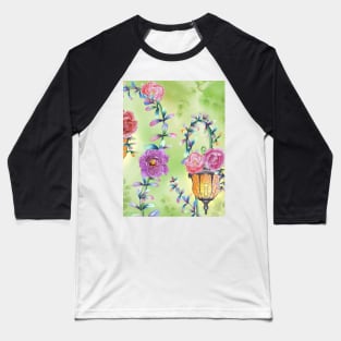 Vintage streetlights with peony flowers and colorful leaves ornament. Fairy spring garden watercolor illustration. Enchanted romantic scenery Baseball T-Shirt